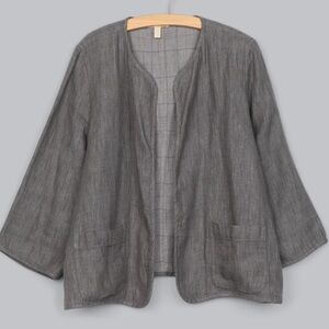 Eileen Fisher boxy doubleface cotton linen blend cotton check cardigan